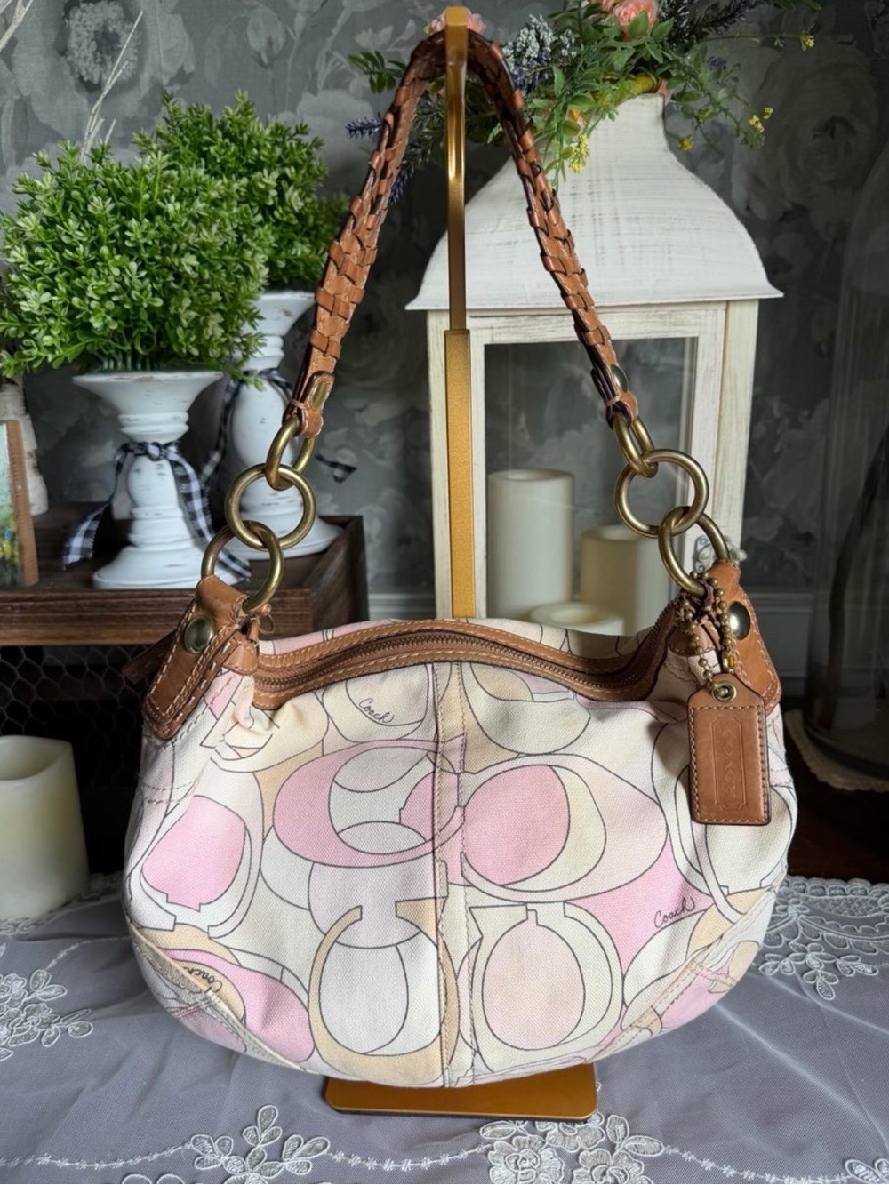 Y2K Vintage Coach Soho Hobo Pink Optic Signature Canvas Shoulder Bag Purse